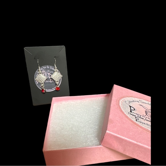 Weaved Design w/ Faux Ruby Stone Wire Hook Earrings in Silvertone - Picture 5 of 5